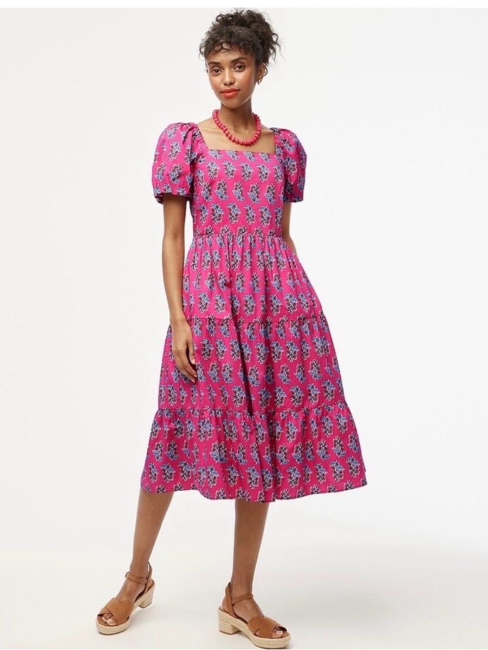 J. Crew Factory Puff Sleeve Midi Dress pink floral block print